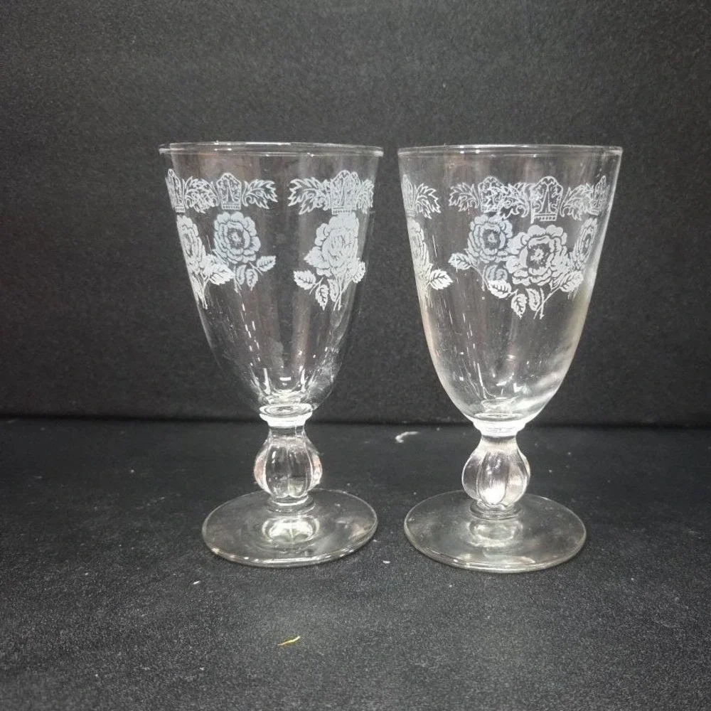 Libbey White Rose Cordials,‎ Set of 2, Etched Crown Sherry Glasses, Vtg Stemware